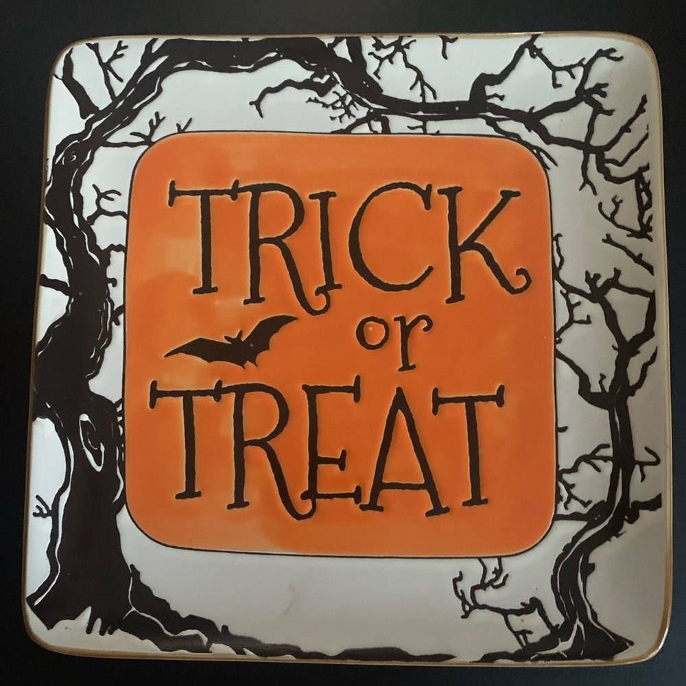 New Halloween Trick -or- Treat Handcrafted Stoneware Plate Platter